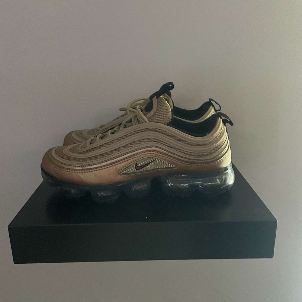 Nike Air Max 97 Gold and Black Athletic Shoes